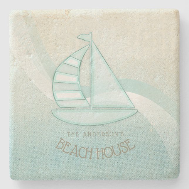Beach House Nautical Sailboat Aqua Blue ID623 Steinuntersetzer (Vorderseite)