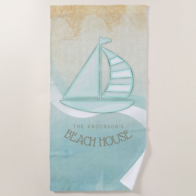 Beach House Nautical Sailboat Aqua Blue ID623 Strandtuch (Vorderseite)