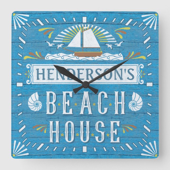 Beach House Nautical Sailboat Shells Custom Name 2 Quadratische Wanduhr (Vorderseite)