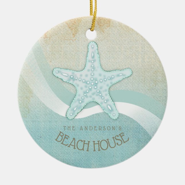 Beach House Nautical Starfish Aqua Blue ID623 Keramik Ornament (Vorne)