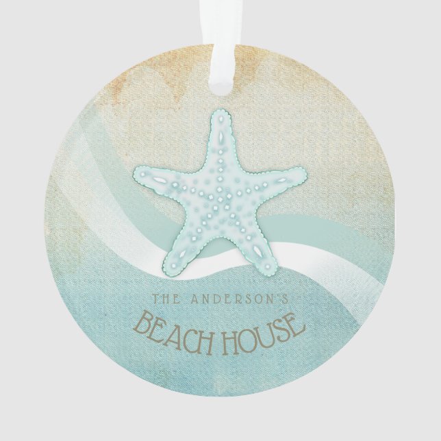 Beach House Nautical Starfish Aqua Blue ID623 Ornament (Rückseite)