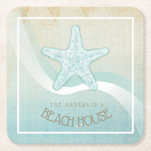 Beach House Nautical Starfish Aqua Blue ID623 Rechteckiger Pappuntersetzer