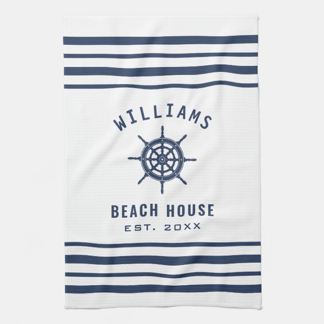 Beach House Navy Blue White Nautic Familienname Geschirrtuch (Vertikal)