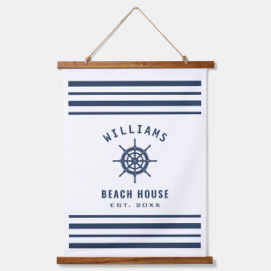 Beach House Navy Blue White Nautic Familienname Wandteppich Mit Holzrahmen