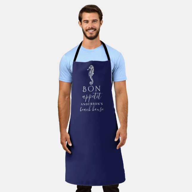 Beach House Navy Blue White Seepferd Personalisier Schürze (Getragen)