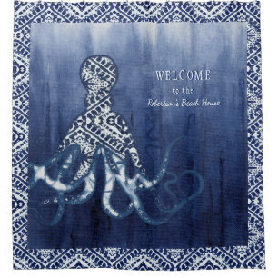 Beach House Octopus Shibori Ombre Muster Indigo Duschvorhang