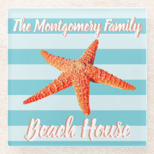 Beach House Orange Starfish & Familienname Glasuntersetzer