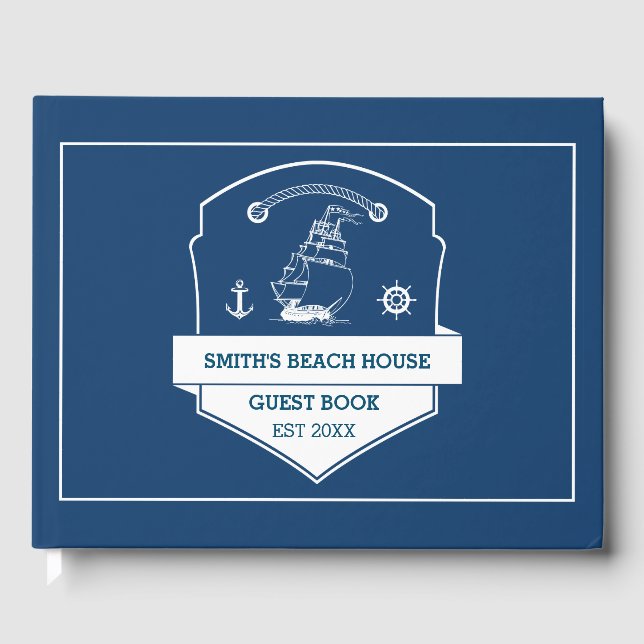 Beach House Personalisiert Nauavy Blue Gästebuch (Vorderseite)