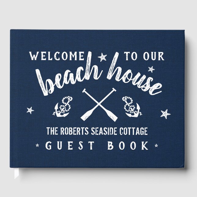 Beach House Personalisierte Ferien Rental Navy Blu Gästebuch (Vorderseite)