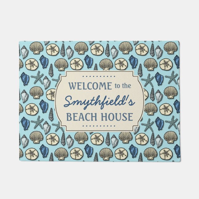 Beach House Personalisierte Muscheln Blue Nautic Fußmatte (Vorderseite)
