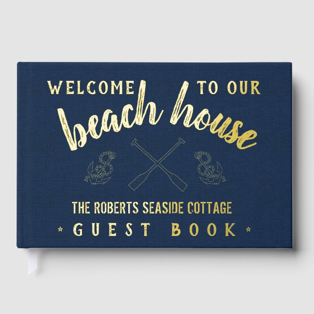 Beach House Personalisierter Urlaub Rental Navy Go Gästebuch (Vorderseite)