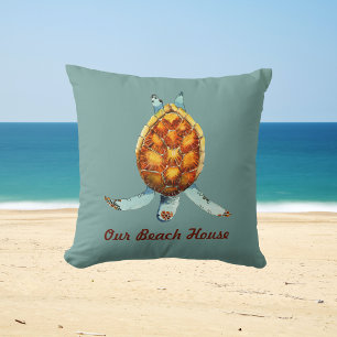 Beach House Pillow with Diving Sea Turtle on Green Kissen