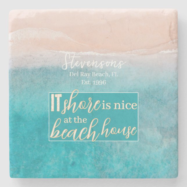 Beach House Pun Elegantes Skript benutzerdefiniert Steinuntersetzer (Vorderseite)