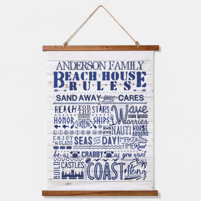 Beach House regiert Personalisierte Blue Coastal-F Wandteppich Mit Holzrahmen (Vorderseite)