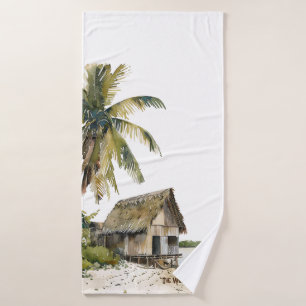 Beach House Scene Watercolor Design Badhandtuch Set