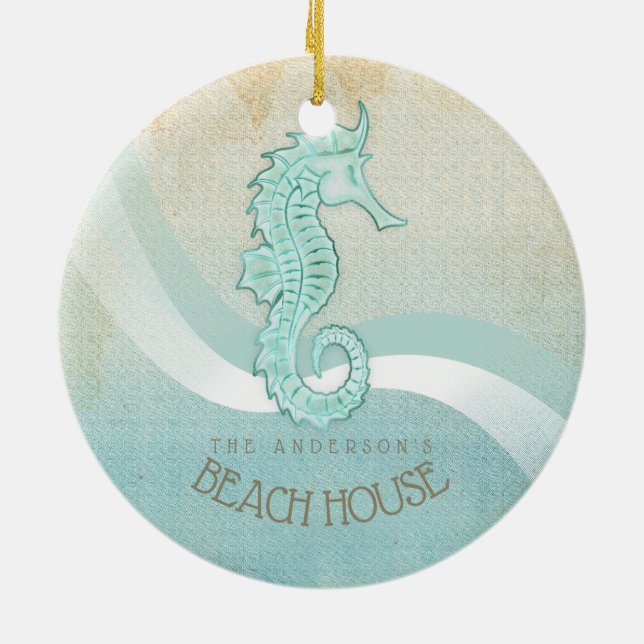 Beach House Seepferd Aqua Blue ID623 Keramik Ornament (Hinten)