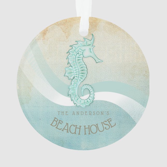 Beach House Seepferd Aqua Blue ID623 Ornament (Rückseite)