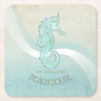 Beach House Seepferd Aqua Blue ID623 Rechteckiger Pappuntersetzer