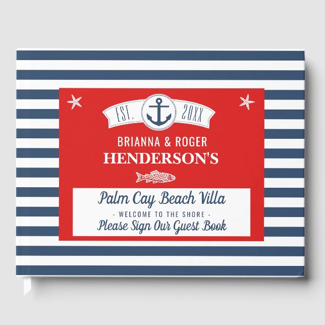 Beach House Vacation Rental Nautical Navy Streifen Gästebuch (Vorderseite)