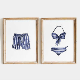 Beach House Wall Art, Vintag gestreiftes Swimsuit- Bilderwand Sets