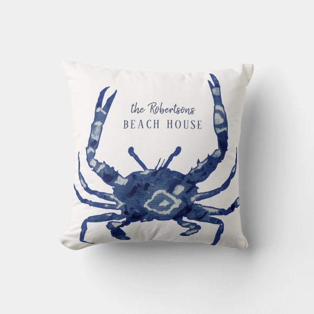 Beach House Willkommen Name Shibori Blue Crab Diam Kissen (Vorderseite)