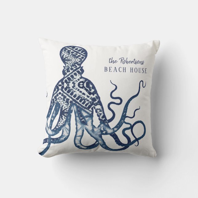 Beach House Willkommen Name Shibori Muster Octopus Kissen (Vorderseite)