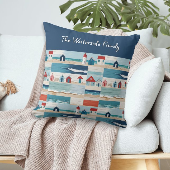 Beach Huts Lighthouses Sea Coastal Blue Kissen (A personalized nautical pillow with modern design of sand, ocean, beach huts and lighthouses)