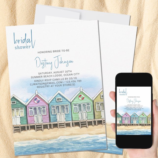 Beach Huts Watercolor Ocean Front Brautparty Einladung (Bridal Shower Invitation with colorful pastel beach huts on the beach)