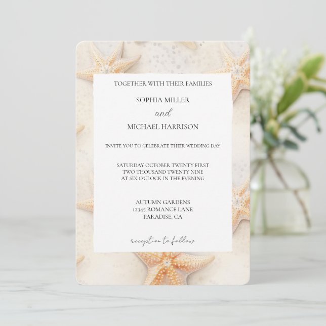 Beach Ivory Cream Ocean Starfish Wedding Einladung (Stehend Vorderseite)
