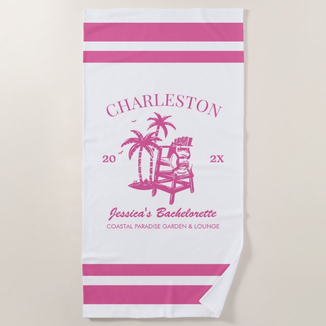 Beach Junggeselinnen-Abschied Pink Custom Bridesma Strandtuch (Vorderseite)