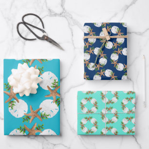 Beach Kreath Sea Stars Sand Dollars Blue Geschenkpapier Set