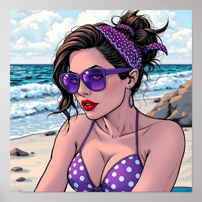 Beach Lady in Shades, Bikini und Bandana Poster (Vorne)