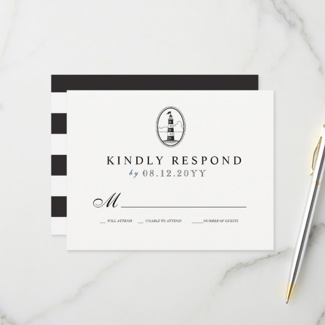 Beach-Leuchtturm| Nautical Wedding RSVP B/W Karte (Vorderseite/Rückseite Beispiel)