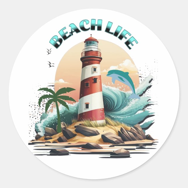 Beach Life | Leuchtturm und Dolphin Runder Aufkleber (Vorderseite)