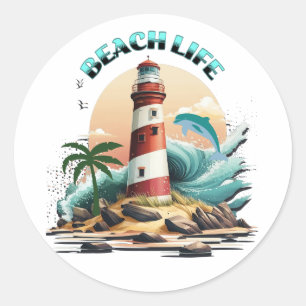 Beach Life Leuchtturm und Dolphin Runder Aufkleber