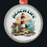 Beach Life Ornament Aus Metall<br><div class="desc">Weihnachtsschmuck zum Thema Strand. Illustration einer Strandszene mit Leuchtturm, Surfbrettern, Palmen und Delphin.</div>