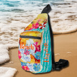 Beach Life Personalisiert Crossbody Bag<br><div class="desc">Ihr Vorname an der Seite dieses speziellen Sling-Taschen, zusammen mit einem lustigen Muster von bunten Sonnenschirmen, Wellen auf einem Sandstrand, Sonnenbäder, und einem Surfer mit "Beach Life" am Schriftart. Schaffen Sie sich selbst oder geben Sie als Geschenk. PASSENDE Artikel in unserer Sammlung.</div>
