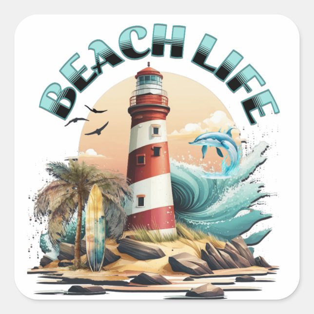 Beach Life Quadratischer Aufkleber (Vorderseite)