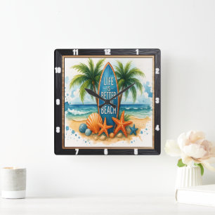 Beach Life Surfboard Palm Quadratische Wanduhr