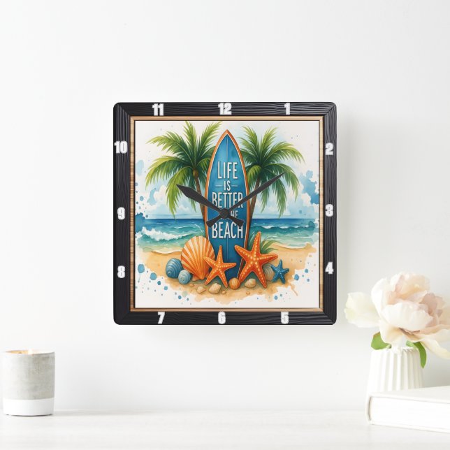 Beach Life Surfboard Palm Quadratische Wanduhr (Zuhause)