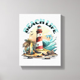 Beach Life | Tropische Leuchtturmkunst Leinwanddruck