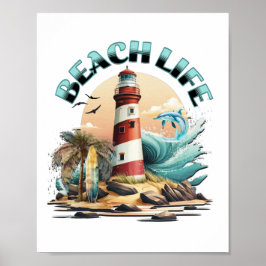 Beach Life | Tropische Leuchtturmkunst Poster