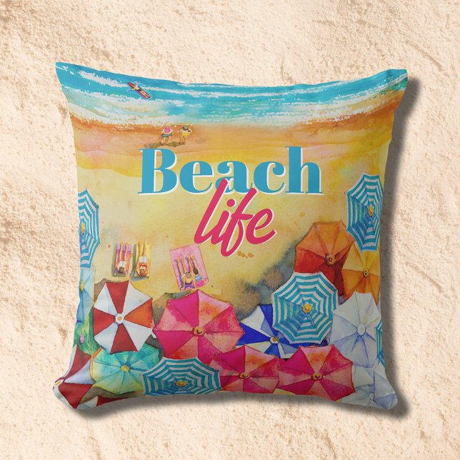 Beach Life Umbrells in Sand Kissen (Beach Life Umbrellas in Sand Pillow (select outdoor or indoor fabric))