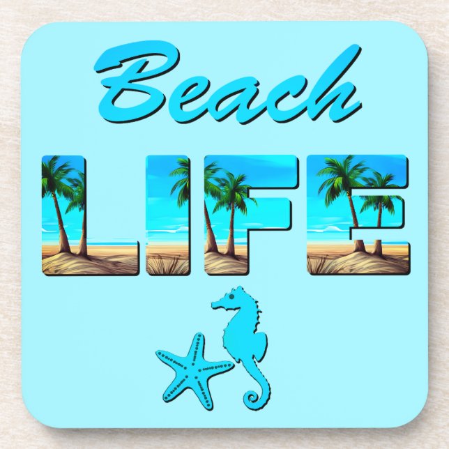 Beach Life Word Art mit Sand und Palmen Getränkeuntersetzer (Vorderseite)