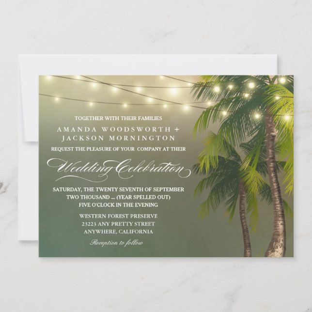 Beach Light Palm Tree Tropical Wedding Einladungen (Vorderseite)