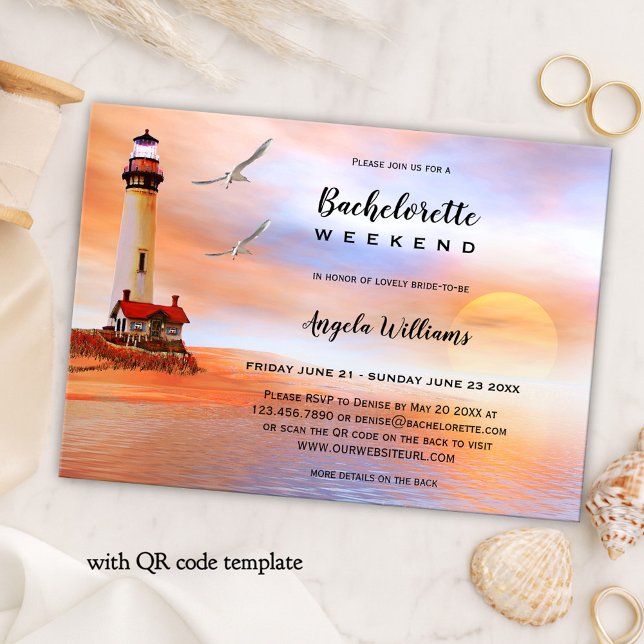 Beach Lighthouse Bachelorette Wochenende Einladung (Bachelorette weekend itinerary template featuring an original painting of a lighthouse on the beach)