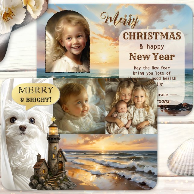 Beach Lighthouse Foto Collage Weihnachtskarte Feiertagskarte (Unique vintage Christmas Holidays card featuring your custom photos with a beach and lighthouse)