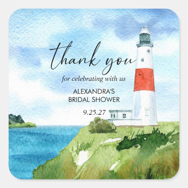 Beach Lighthouse Nautical Themed Brautparty Quadratischer Aufkleber (Vorderseite)
