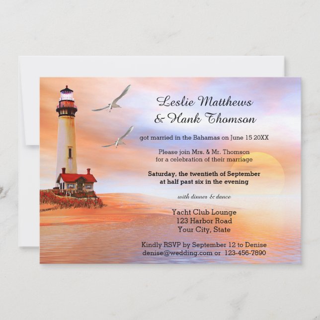Beach Lighthouse Post oder nach Hochzeit Einladung (Vorderseite)