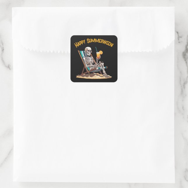 Beach Lounges Skeleton Halloween Quadratischer Aufkleber (Tasche)